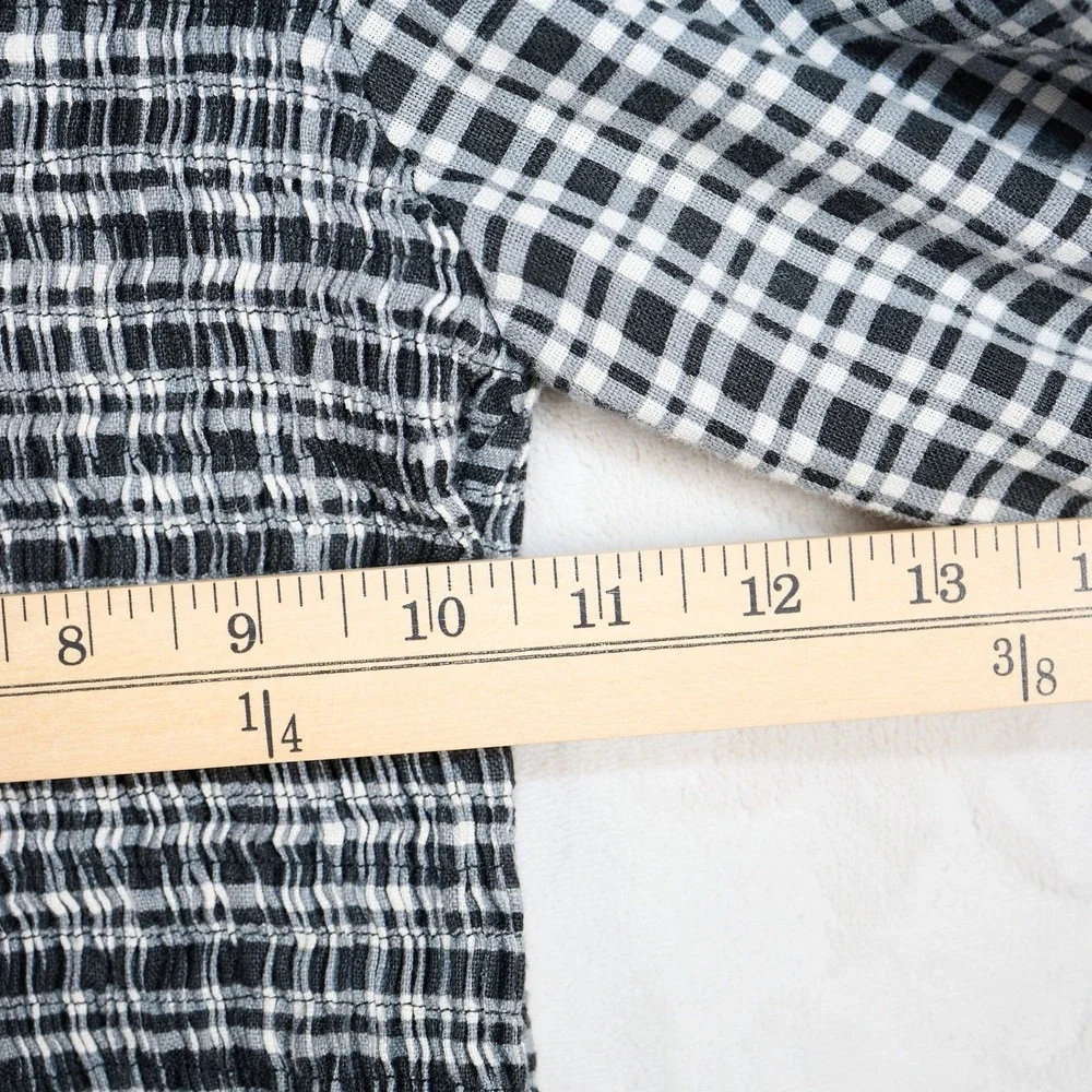 Faithfull The Brand Black White‎ Gingham Linen Smocked Puff Sleeve Blouse S